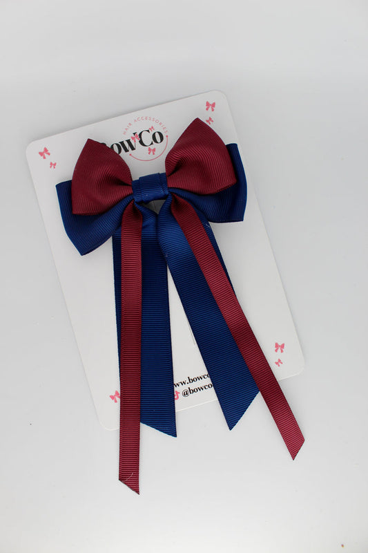 School Bow Navy Blue and Burgundy Streamer Tail Bow - Clip