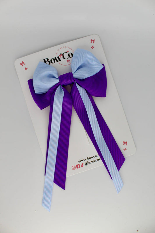 School Bow Purple and Bluebell Streamer Tail Bow - Clip
