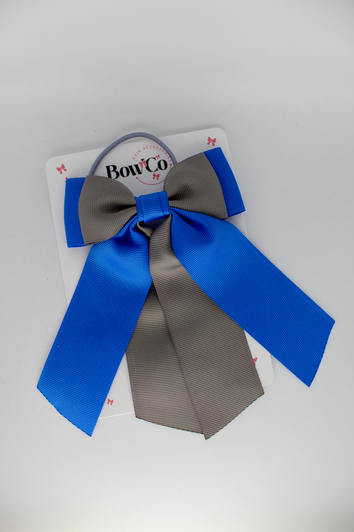 School Bow Royal Blue and Metal Grey - Double Layer Tail Bow – Elastic