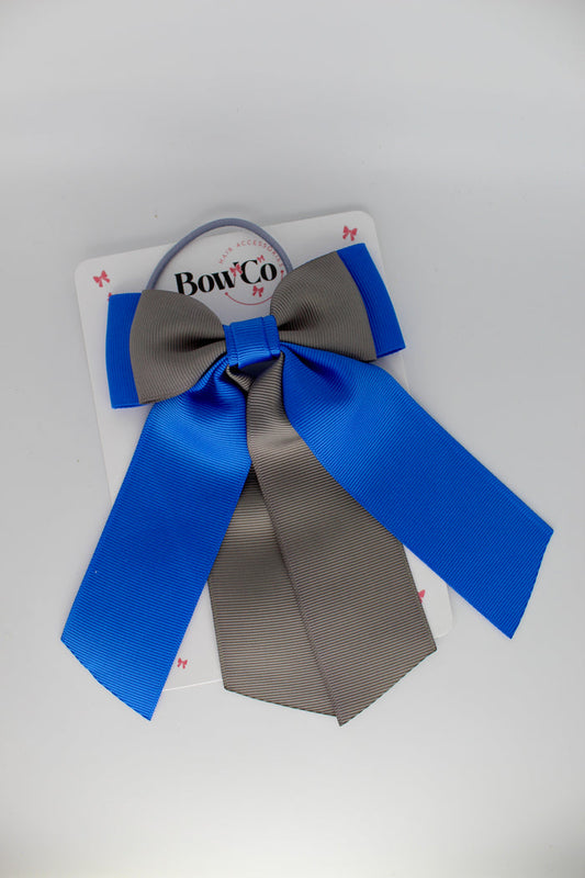 School Bow Royal Blue and Metal Grey - Double Layer Tail Bow – Elastic