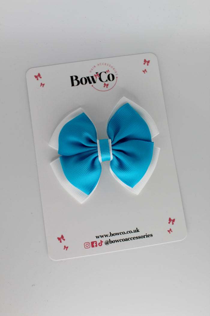 School Bow Turquoise and White - Layer Edge Bow - Clip
