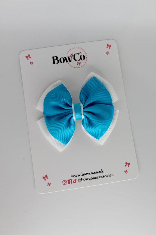 School Bow Turquoise and White - Layer Edge Bow - Clip