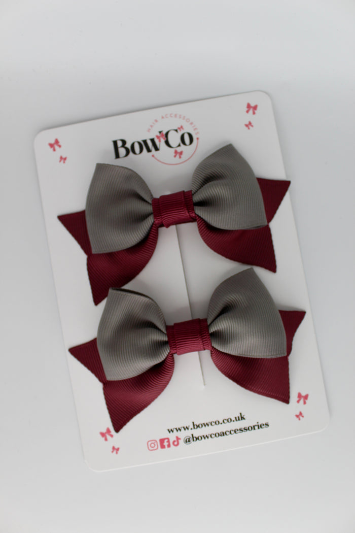 School Bows Burgundy and Metal Grey - Bow Tail Set - Clip