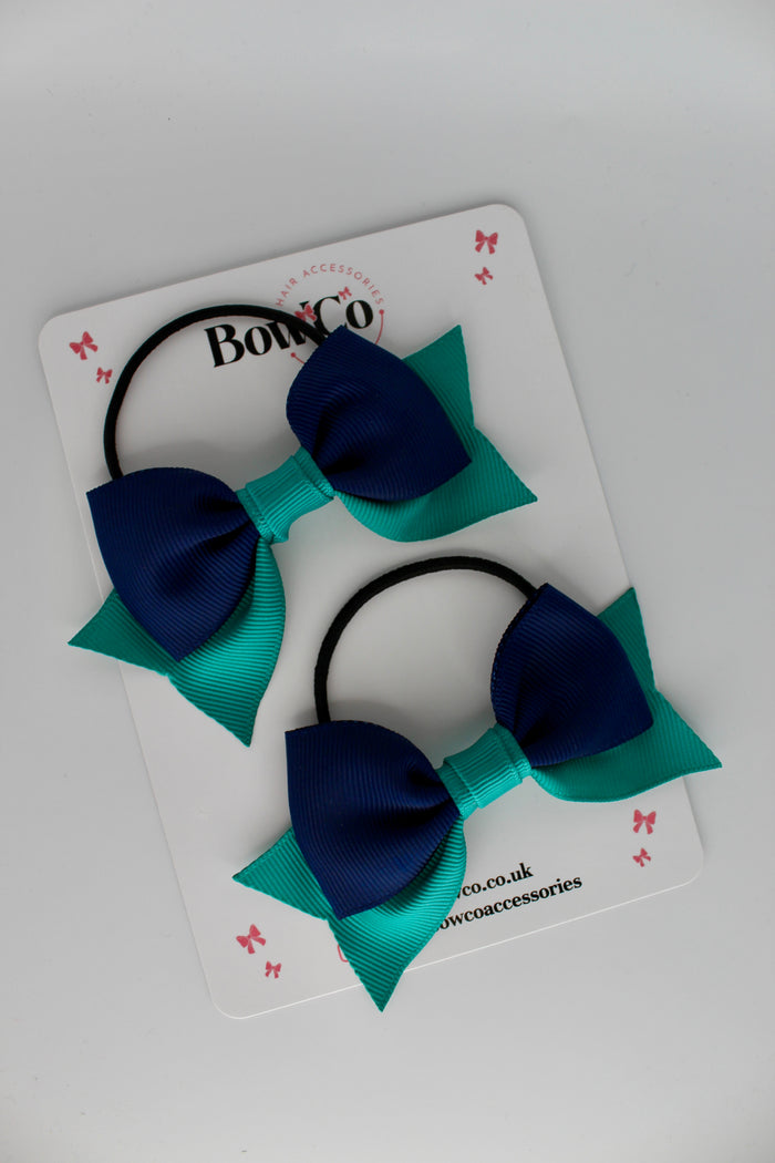 School Bows Jade Green and Navy Blue - Bow Tail Set - Elastic