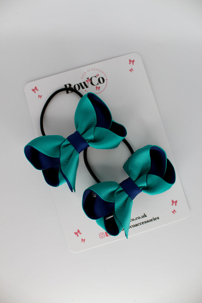School Bows Jade Green and Navy Blue - Loop Bow Set - Elastic