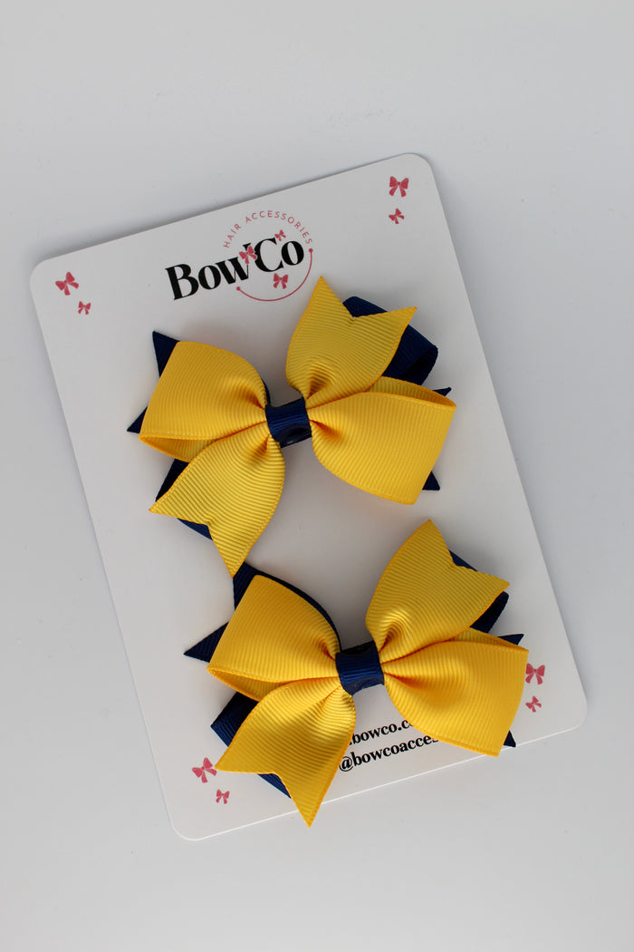 School Bows Navy Blue and Yellow Gold - Layer Tail Bow Set - Clip
