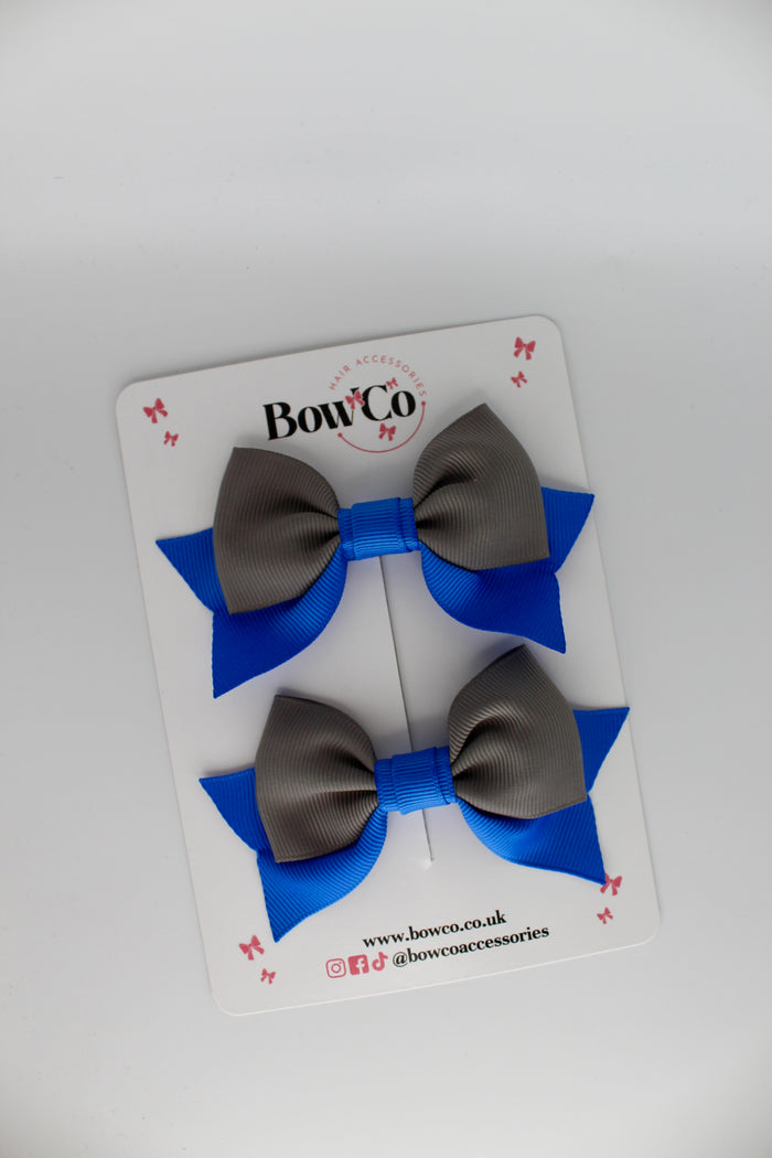 School Bows Royal Blue and Metal Grey - Bow Tail Set - Clip