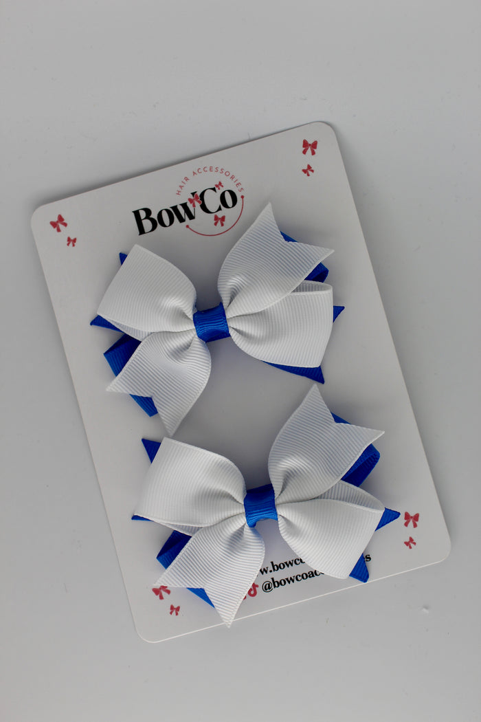 School Bows Royal Blue and White - Layer Tail Bow Set - Clip