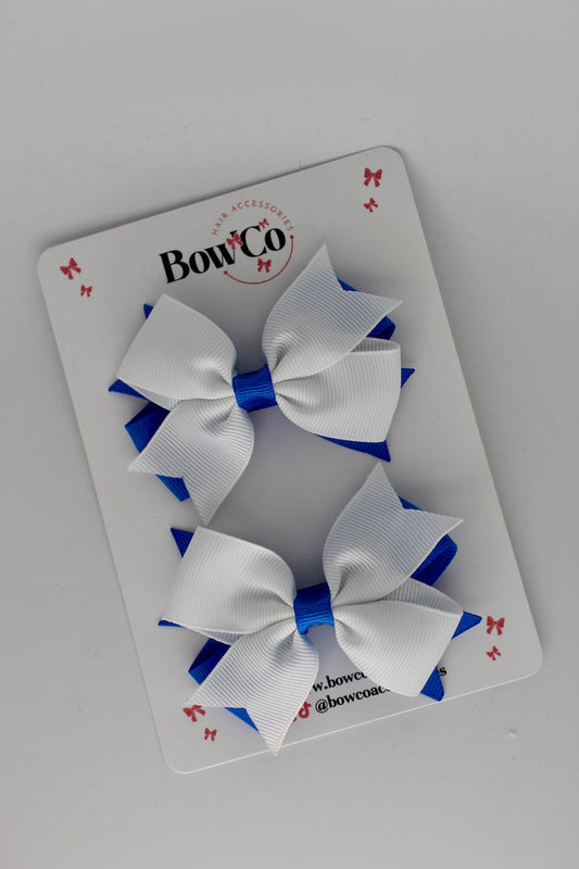 School Bows Royal Blue and White - Layer Tail Bow Set - Clip