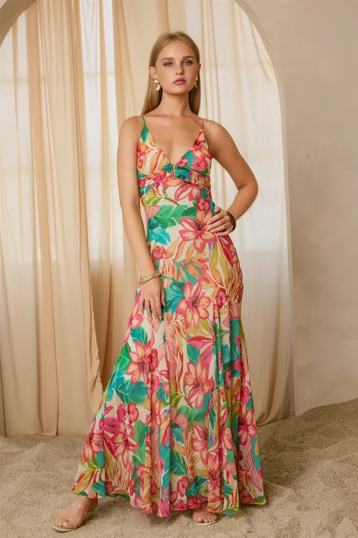 Sea of Hibiscus Frilly Hem Maxi Dress
