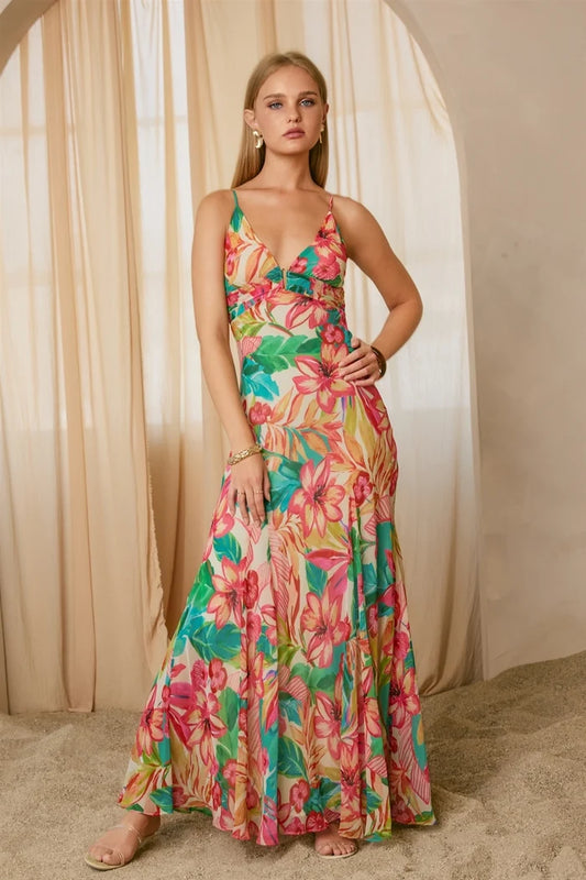 Sea of Hibiscus Frilly Hem Maxi Dress