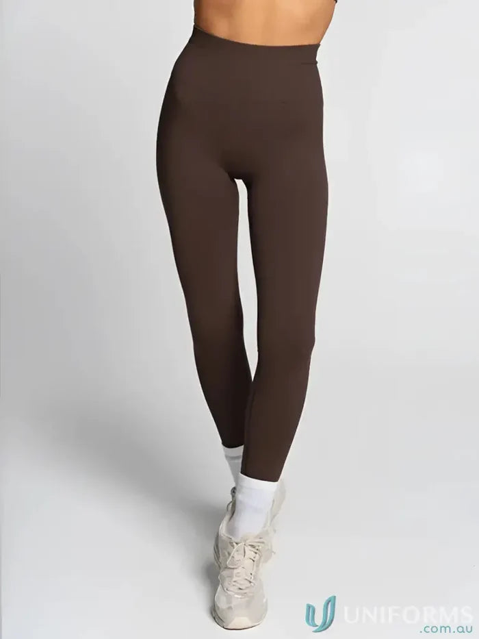 High waisted seamless invisible scrunch espresso leggings in chocolate brown with smooth stretchy fabric perfect for workwear uniforms