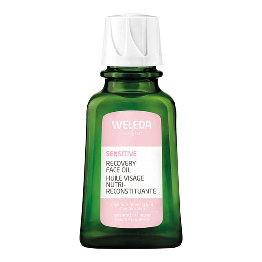 Green 50ml bottle of Weleda Sensitive Recovery Face Oil with a pink label on a white background.