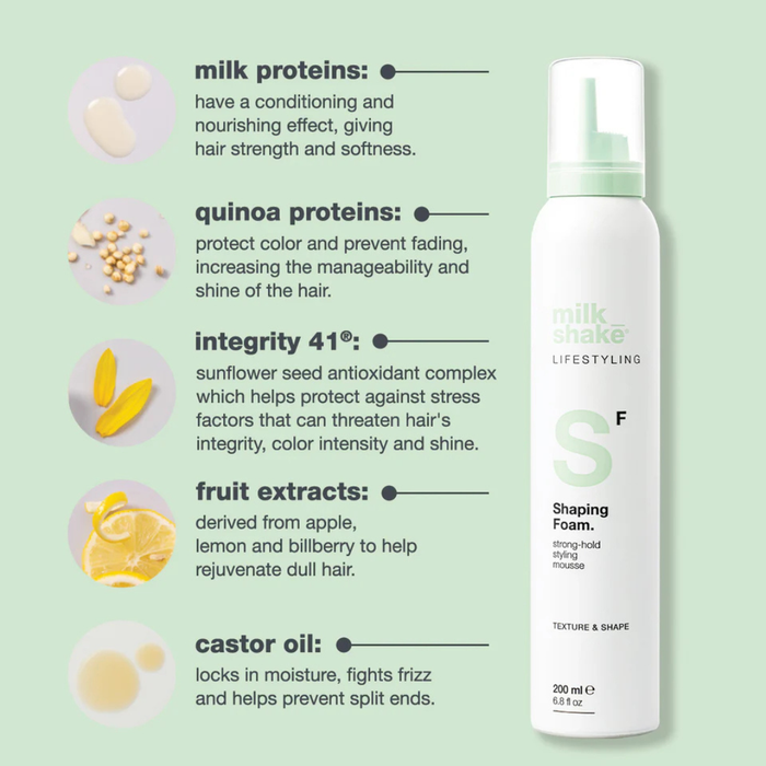 milk_shake Lifestylings Shaping Foam bottle with ingredient information on a light green background