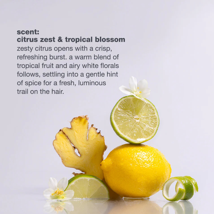 Citrus fruits including a lemon, lime, and pineapple on a light gray background with text about scent.
