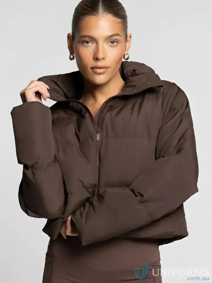 Brown short puffer roast jacket with hood and quarter zip perfect for workwear and durable work uniforms