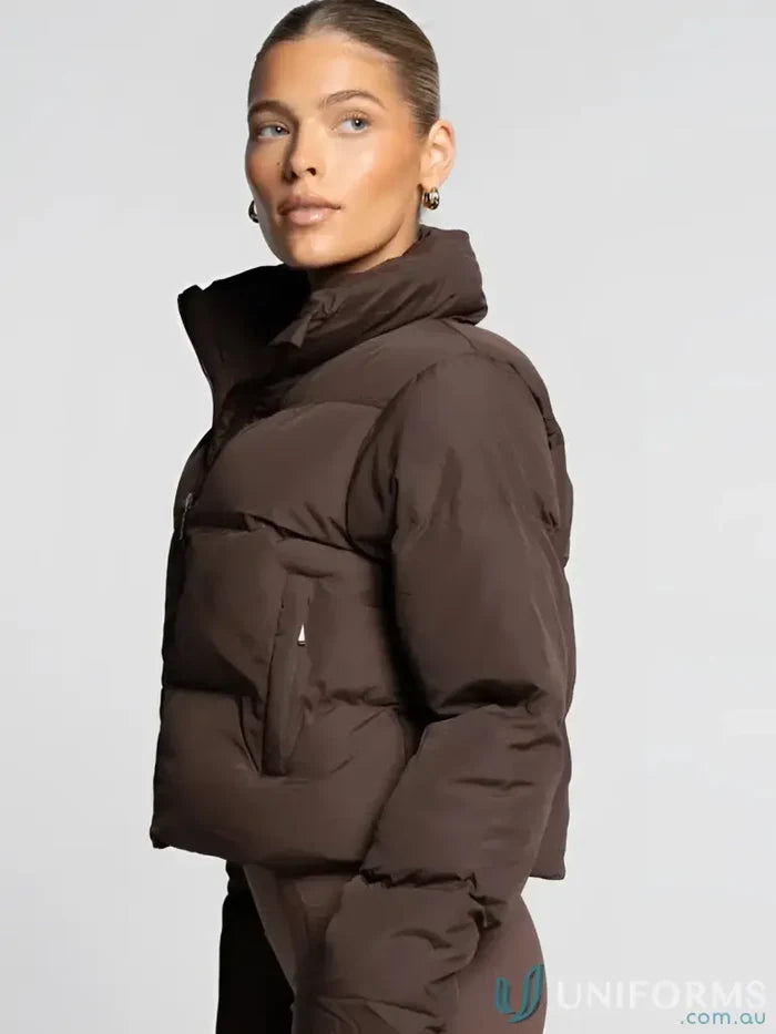 A sleek dark brown short puffer roast jacket with high collar and quilted design ideal for workwear uniforms