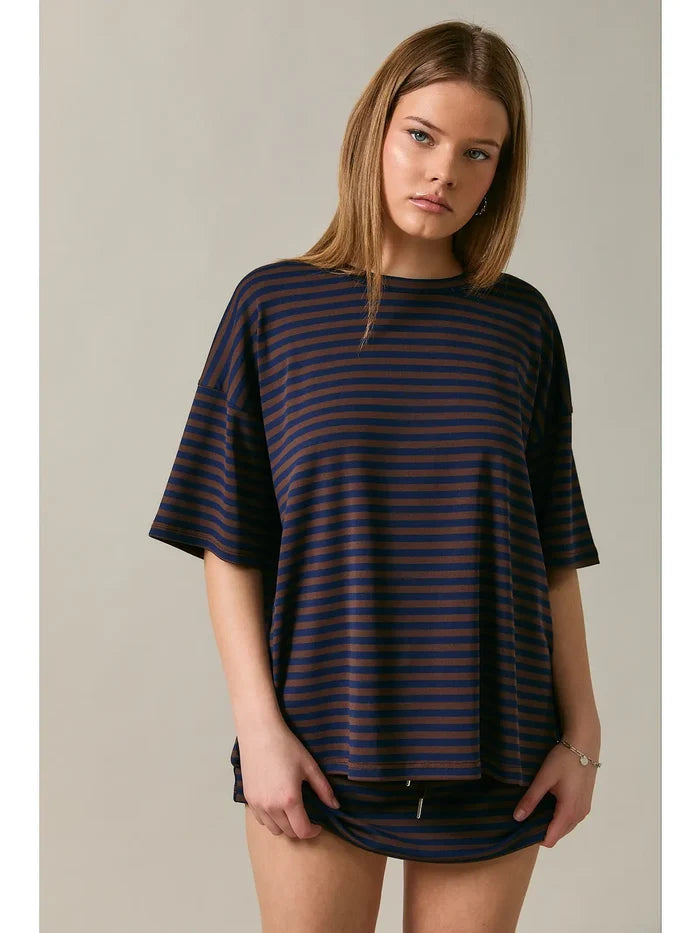 Short Sleeve Round Neck Oversized Stripe T-Shirt