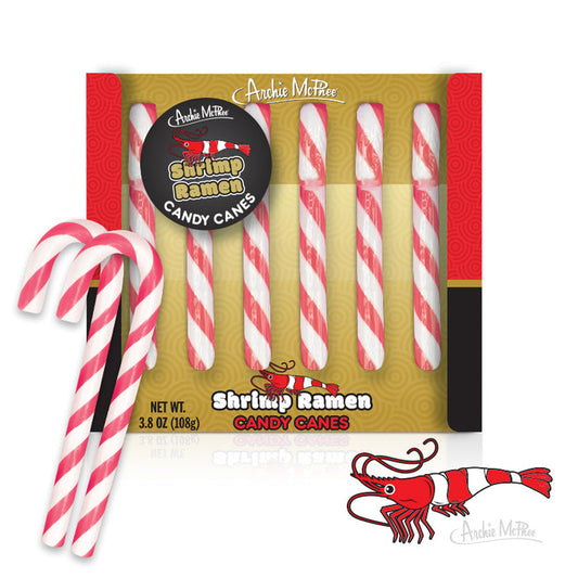 Shrimp Ramen Candy Canes: red and white striped candy canes in a box, featuring a cartoon shrimp illustration.