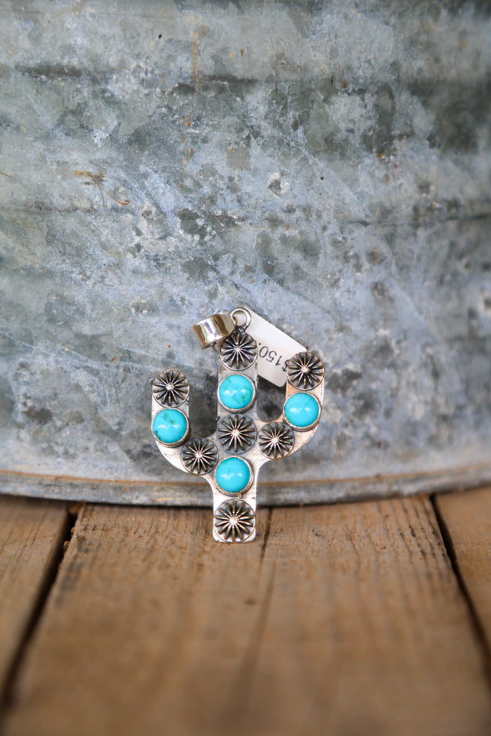 Silver Stardust & Turquoise Cactus Pendant