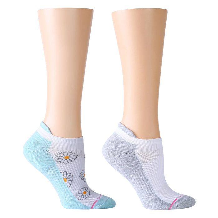 Ankle compression socks featuring a blue and white design with daisy patterns and a gray accent.