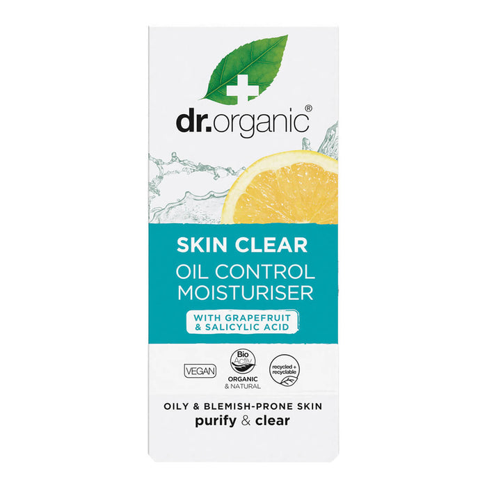 50ml box Dr. Organic Skin Clear Oil Control Moisturiser with grapefruit extract and salicylic acid.