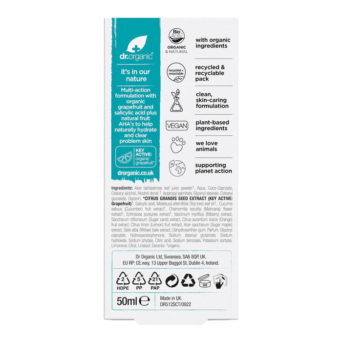 Backof 50ml box Dr. Organic Skin Clear Oil Control Moisturiser, showing ingredients.