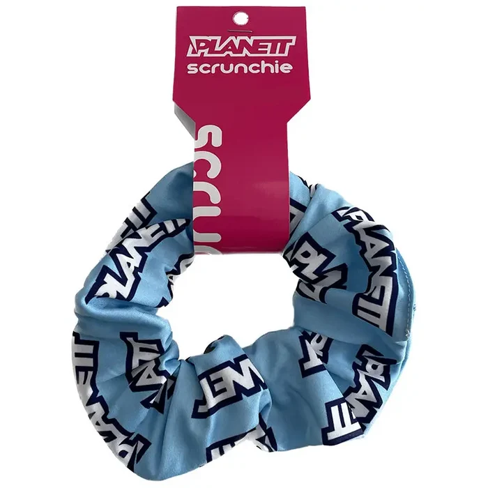 Light blue scrunchie with logo.