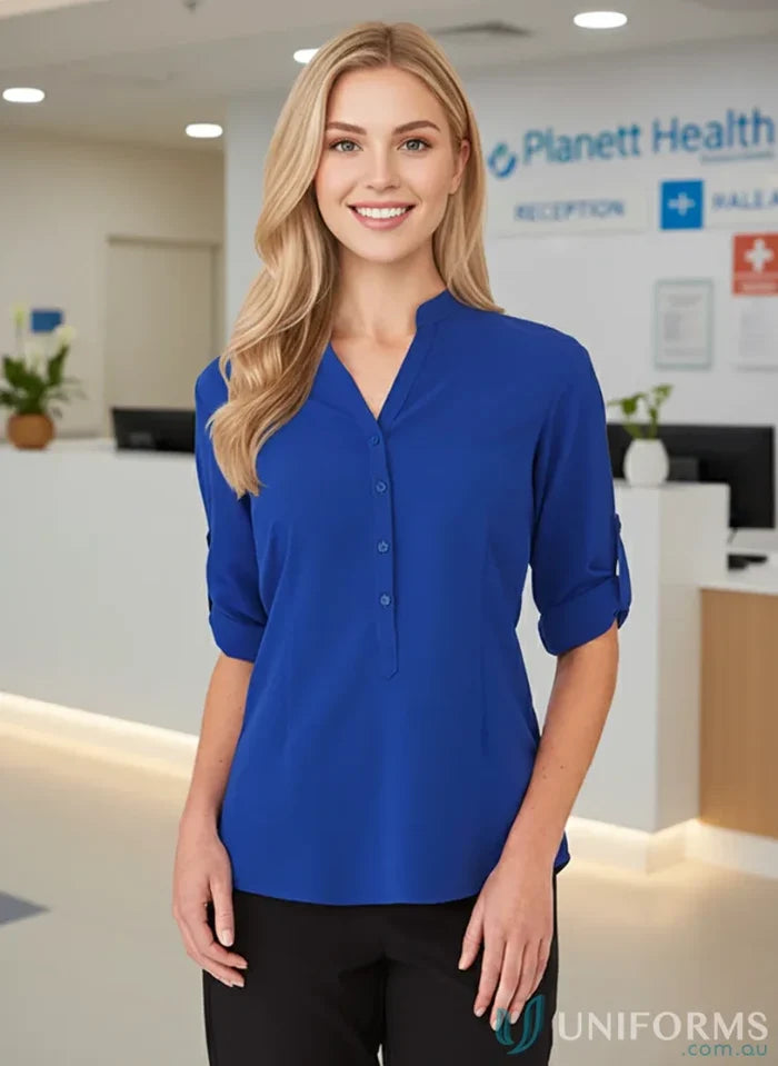 Vibrant royal blue SoEzy Blouse with 3/4 sleeves for workwear uniforms