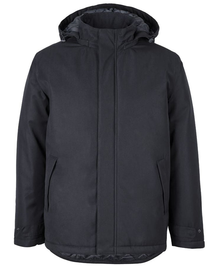 Black Southern Lands Jacket with quilted lining, pockets, adjustable sleeve openings
