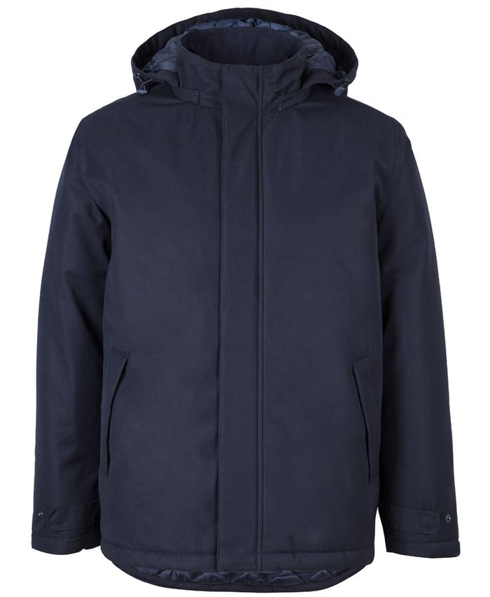 Dark navy Southern Lands Jacket with hooded waterproof design, textured pattern, adjustable sleeve openings