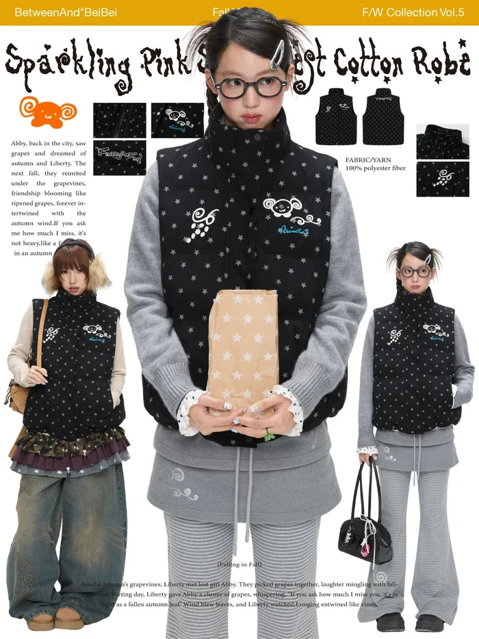 Sparkling black glitter star velvet vest with padded warm lining