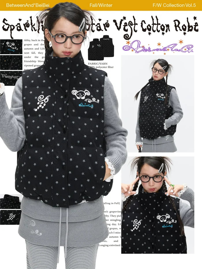 Sparkling black glitter star velvet vest with padded warm lining