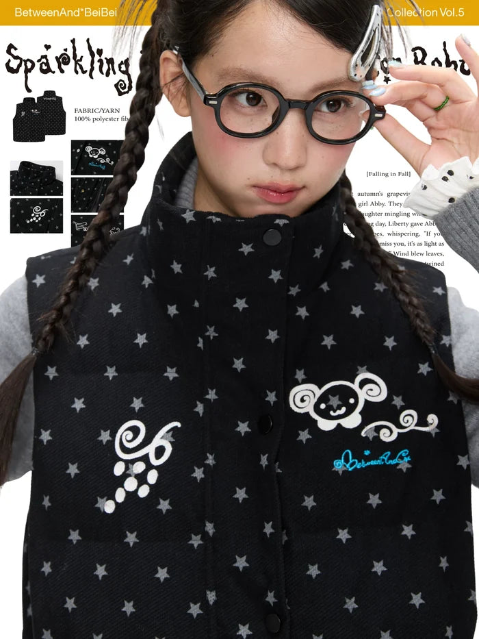 Sparkling black glitter star velvet vest with padded warm lining