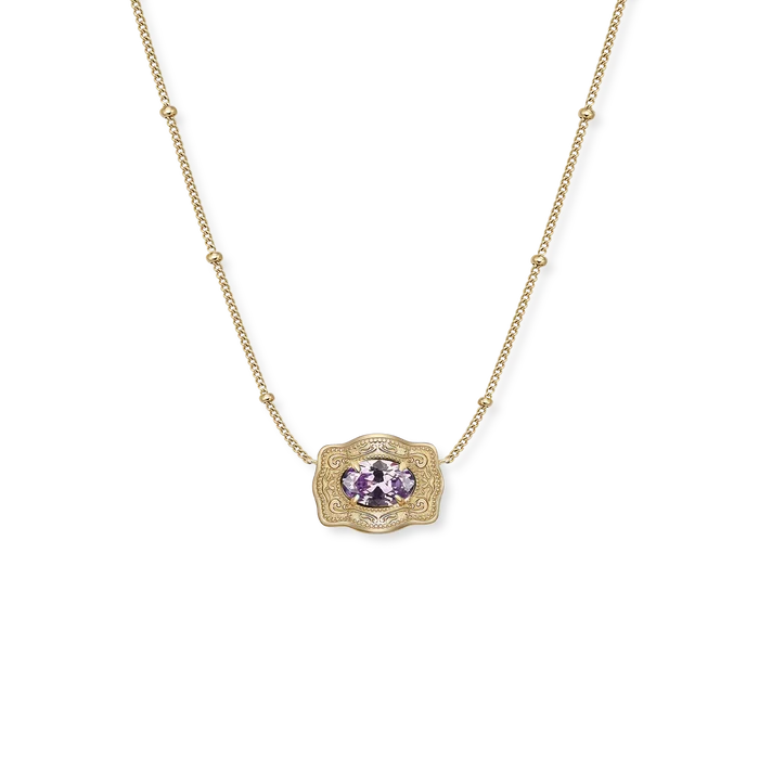 SpurWest Ultra Mini Belt Buckle Birthstone Necklace - Gold -February