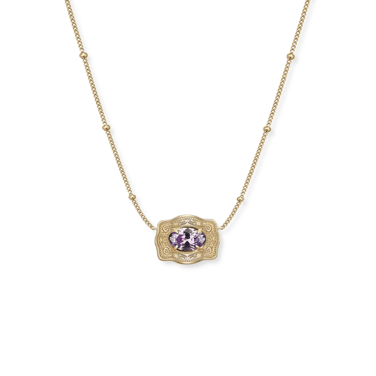 SpurWest Ultra Mini Belt Buckle Birthstone Necklace - Gold -February