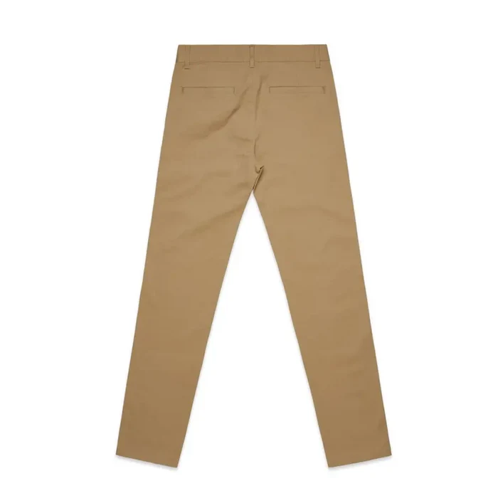 Back view of tan standard slim pants with clean tailored fit and classic pockets ideal for work uniforms and workwear