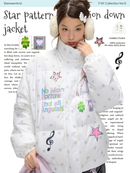 Star pattern print down jacket with 90% duck filling and puffer design