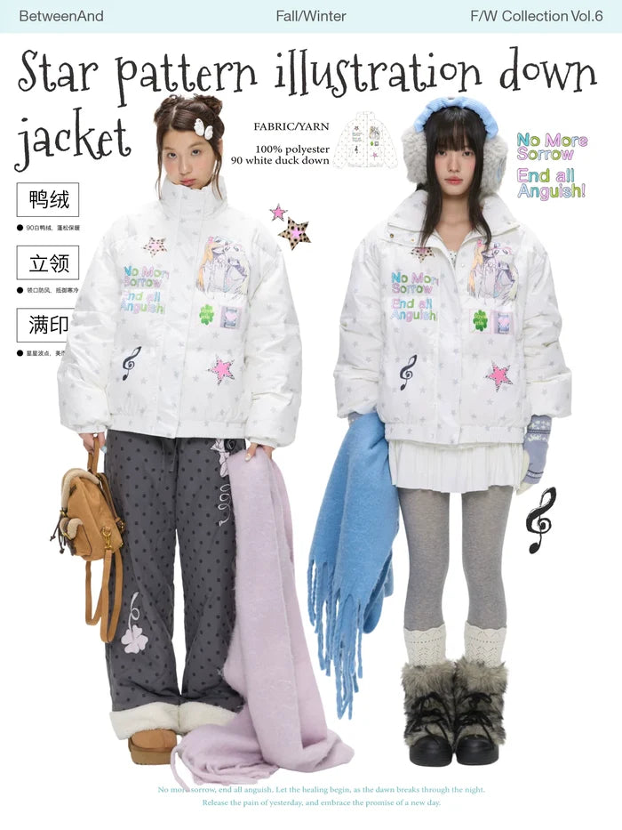 Star pattern print down jacket with 90% duck filling and puffer design