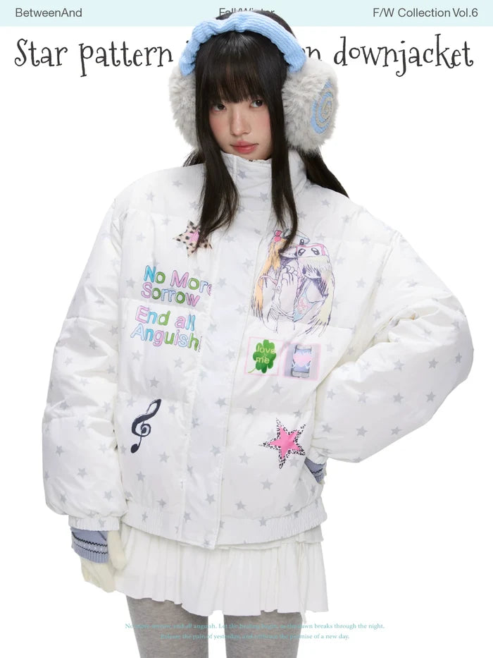Star pattern print down jacket with 90% duck filling and puffer design