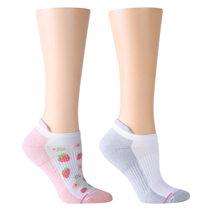 Ankle compression socks featuring a pink design with strawberries and a gray design with a white stripe.
