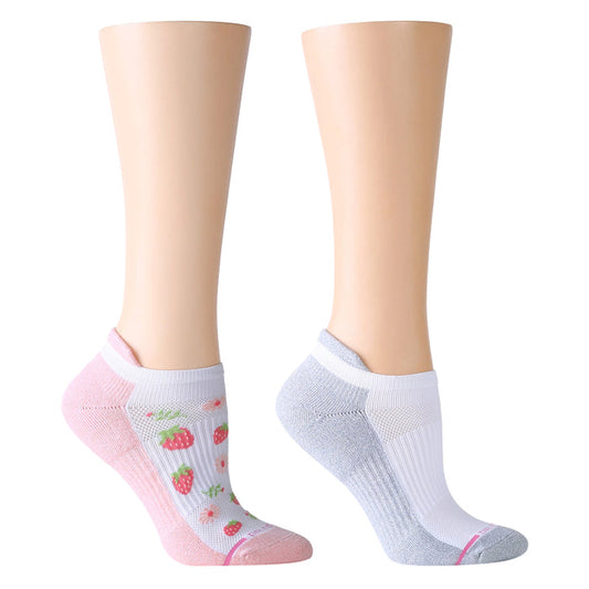 Ankle compression socks featuring a pink design with strawberries and a gray design with a white stripe.