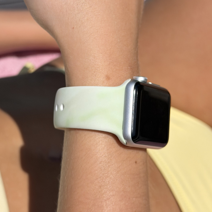 Girl with Strawberry Matcha Watch Strap on wrist