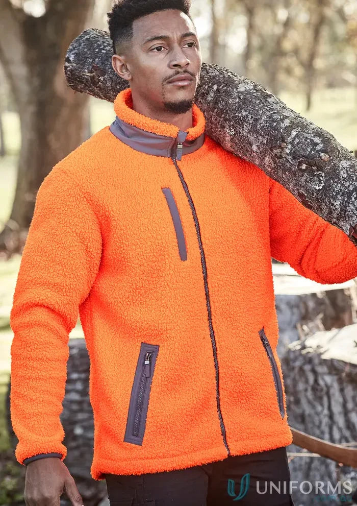 Men’s bright orange zip sherpa fleece jacket with gray accents, super warm and comfy