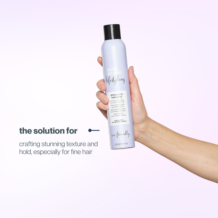 Hand holding a bottle of milk_shake strong eco hairspray with text on a light purple background