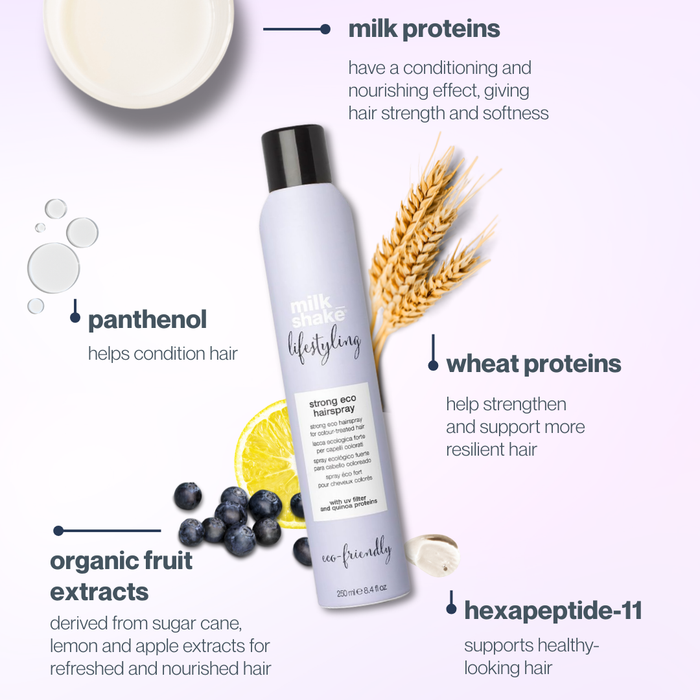 milk_shake strong eco hairspray with ingredients listed on a white background