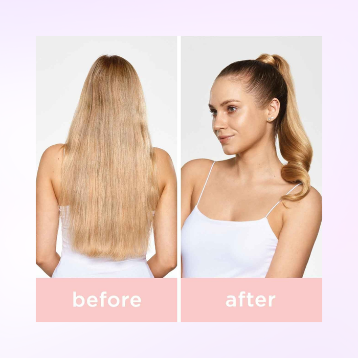 Before and after comparison of a woman with long blonde hair styled in a ponytail with milk_shake lifestyling