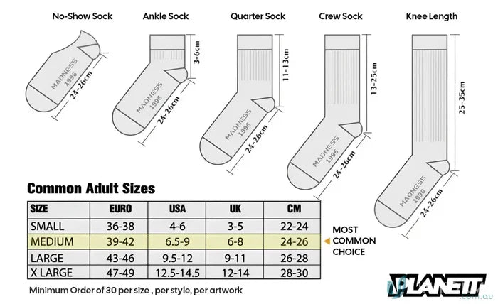 Sock size chart for Sublimated Sports Socks showcasing custom sports socks sizing guide
