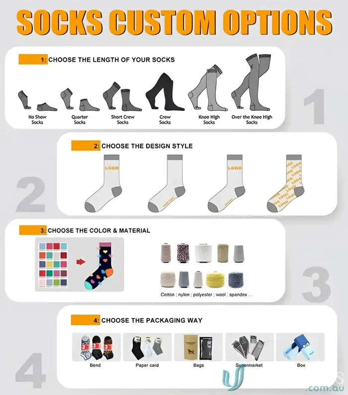 Custom sports socks options chart for Sublimated Sports Socks with various sock designs