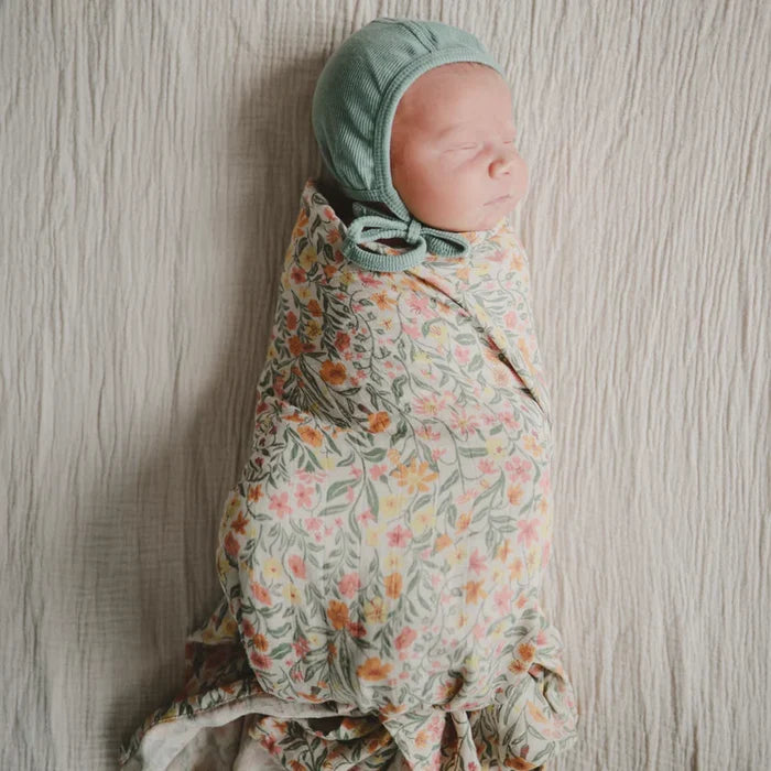 Mushie - Swaddle - Organic Cotton - Pastel Blooms - Lifestyle Cut 2